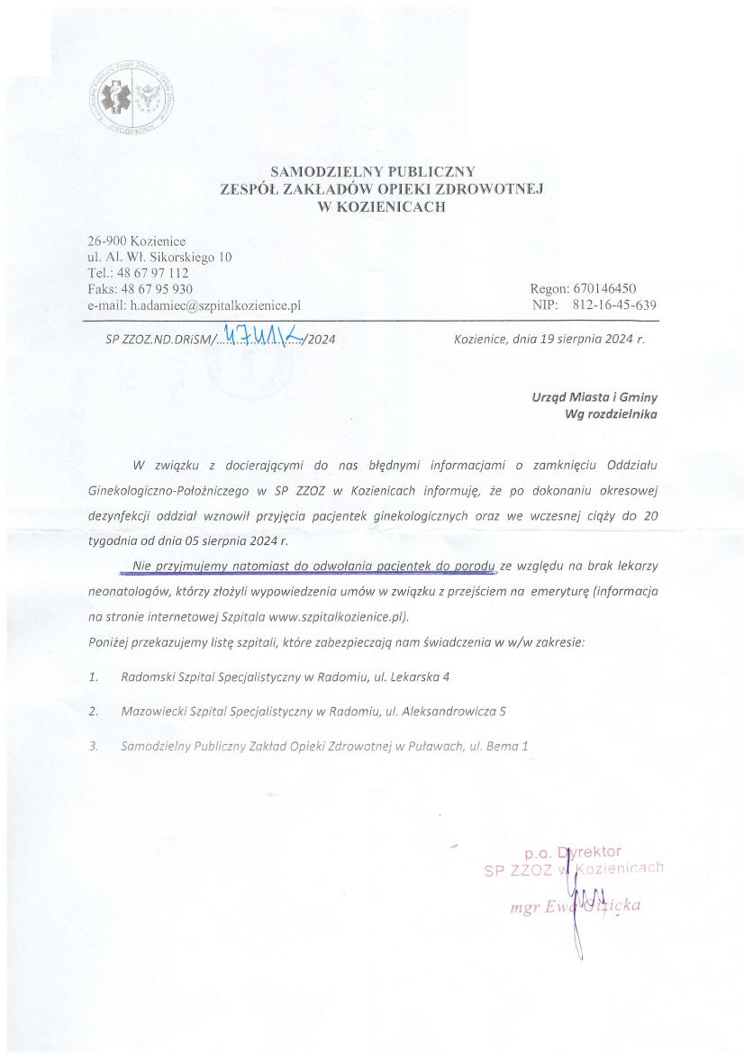  Informacja dotycząca działalności Oddziału Ginekologiczno Położniczego SP ZZOZ w Kozienicach