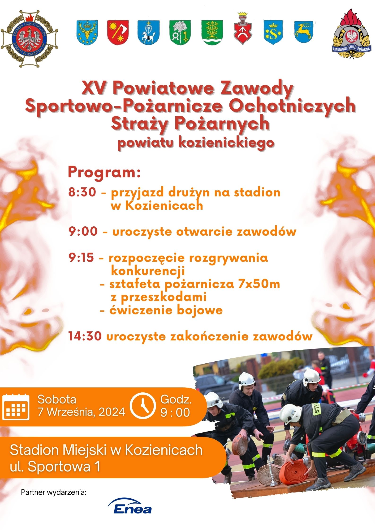 Plakat XV Powiatowe Zawody Sportowo Pożarnicze Ochotniczych Straży Pożarnych powiatu kozienickiego